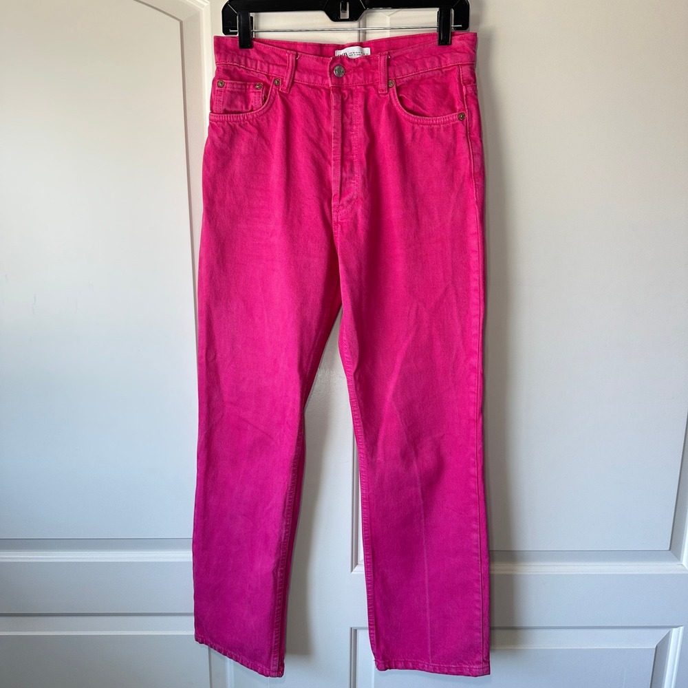 Zara Hot Pink High Waist Mom Jeans Straight Leg Button‎ Fly Preppy Womens 6